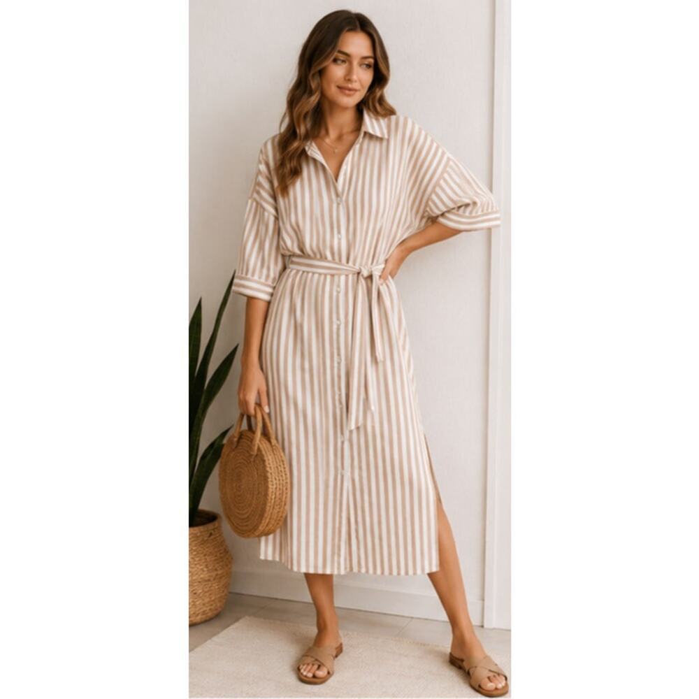 XL Beige White Stripe Shirt Dress Belted Cotton Blend Midi
